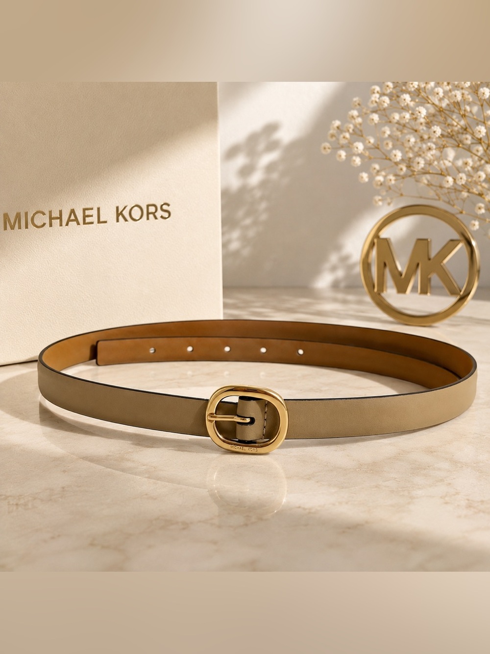 Michael Kors Beige Leather Belt with Gold Oval Buckle